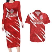 Custom Rugby Japan Couples Matching Long Sleeve Bodycon Dress and Hawaiian Shirt The Champion Brave Blossoms Red Color - Wonder Print Shop