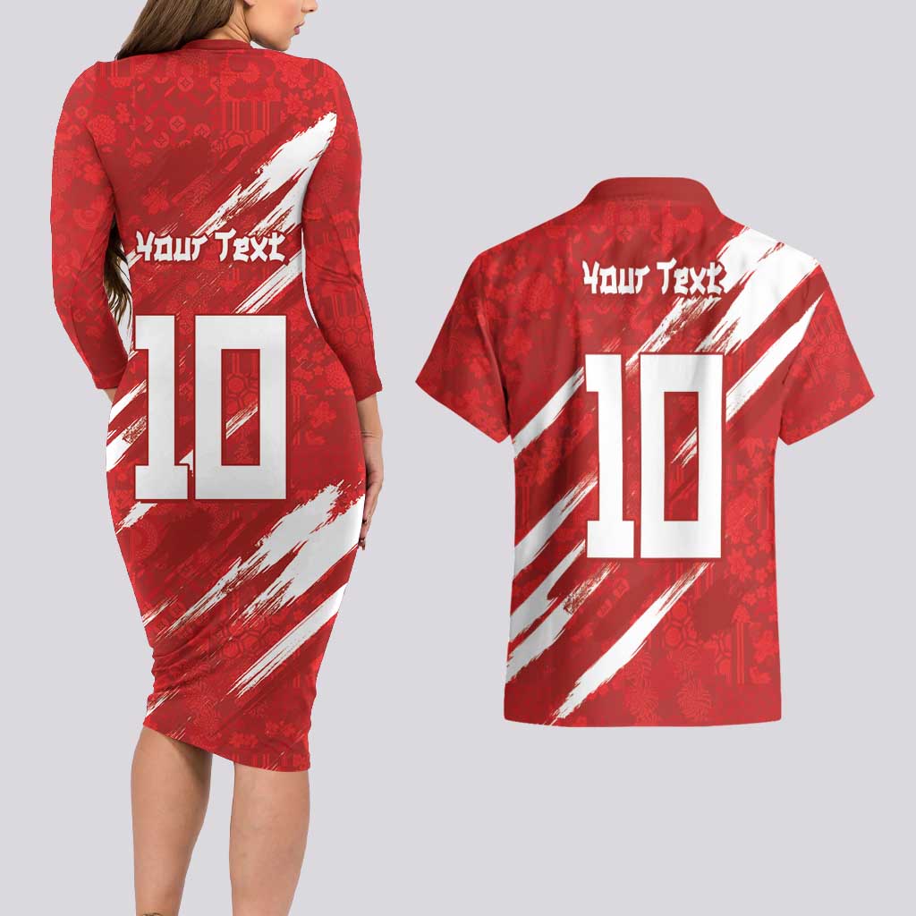 Custom Rugby Japan Couples Matching Long Sleeve Bodycon Dress and Hawaiian Shirt The Champion Brave Blossoms Red Color - Wonder Print Shop