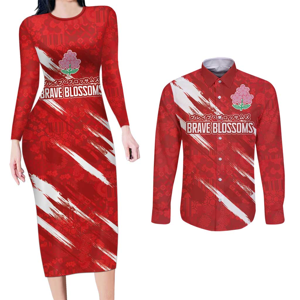 Custom Rugby Japan Couples Matching Long Sleeve Bodycon Dress and Long Sleeve Button Shirt The Champion Brave Blossoms Red Color - Wonder Print Shop