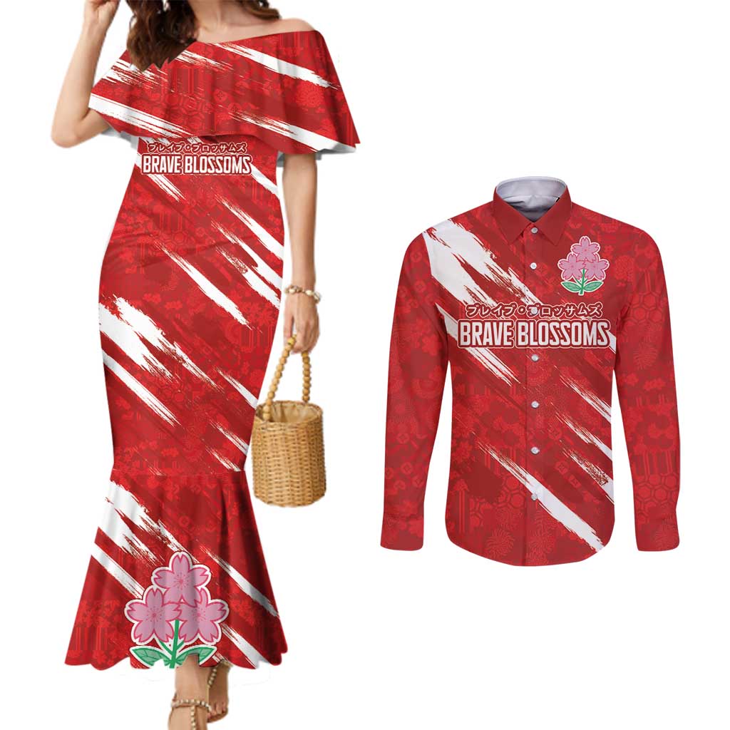 Custom Rugby Japan Couples Matching Mermaid Dress and Long Sleeve Button Shirt The Champion Brave Blossoms Red Color - Wonder Print Shop