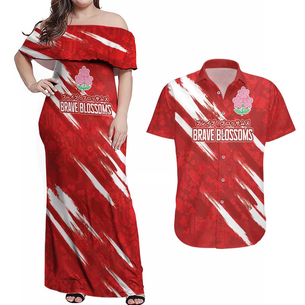 Custom Rugby Japan Couples Matching Off Shoulder Maxi Dress and Hawaiian Shirt The Champion Brave Blossoms Red Color - Wonder Print Shop