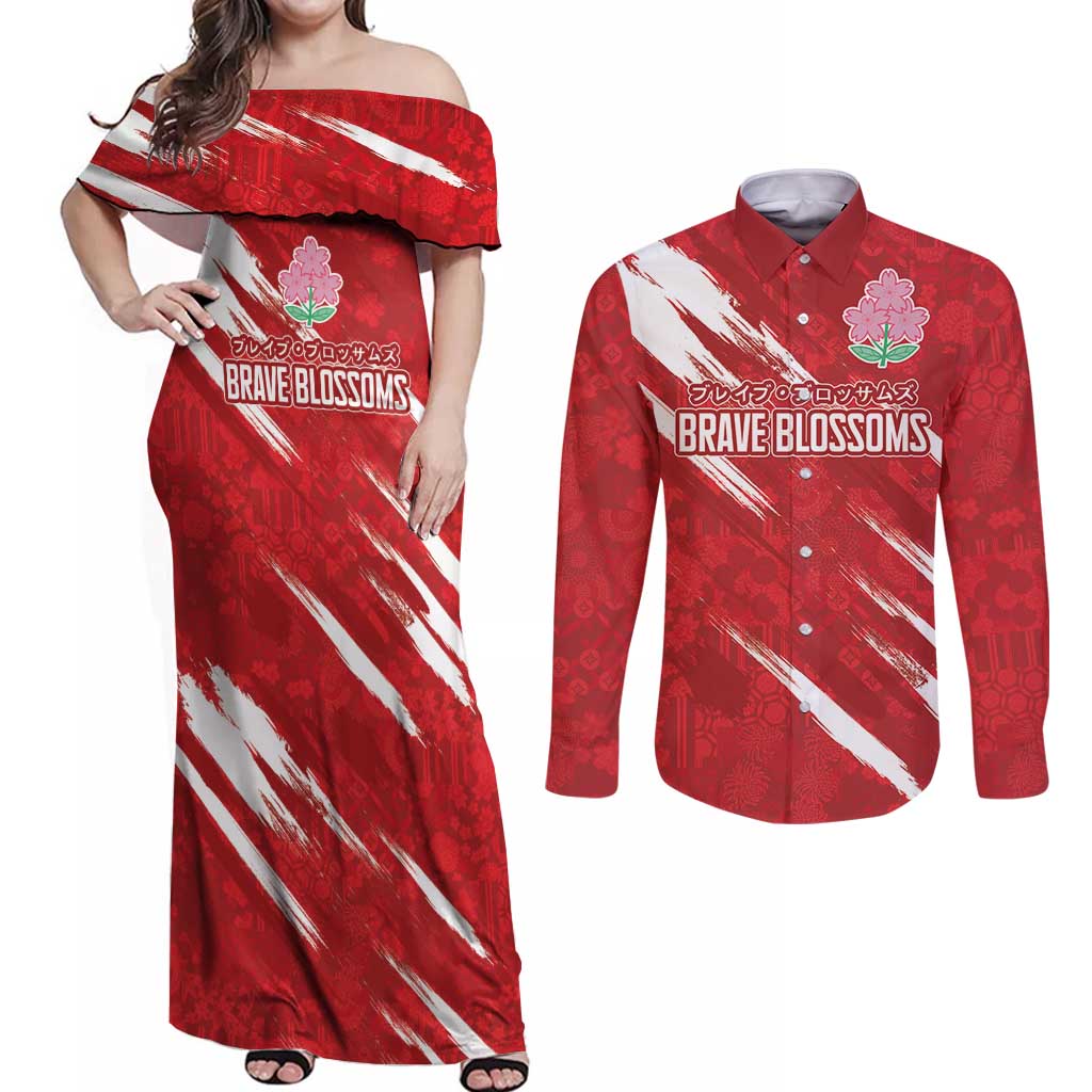 Custom Rugby Japan Couples Matching Off Shoulder Maxi Dress and Long Sleeve Button Shirt The Champion Brave Blossoms Red Color - Wonder Print Shop