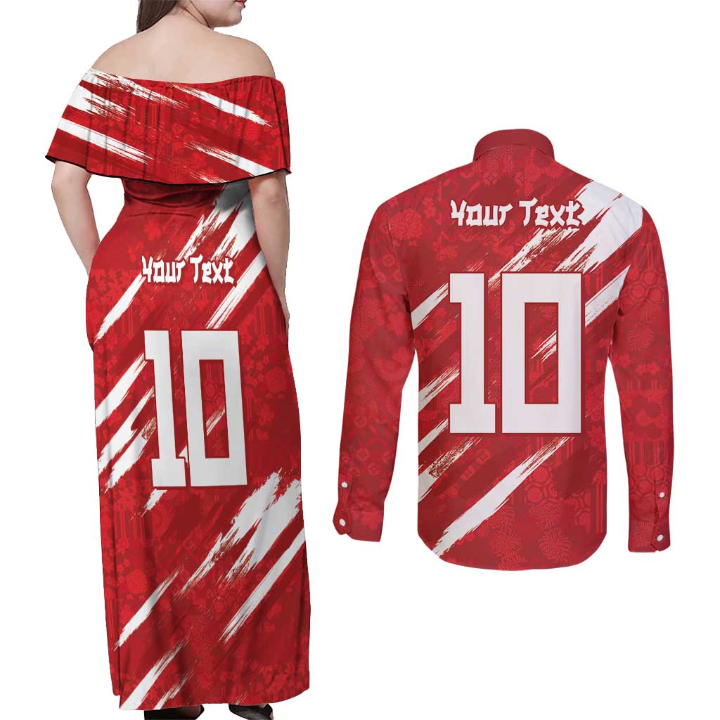 Custom Rugby Japan Couples Matching Off Shoulder Maxi Dress and Long Sleeve Button Shirt The Champion Brave Blossoms Red Color - Wonder Print Shop