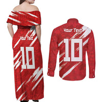 Custom Rugby Japan Couples Matching Off Shoulder Maxi Dress and Long Sleeve Button Shirt The Champion Brave Blossoms Red Color - Wonder Print Shop