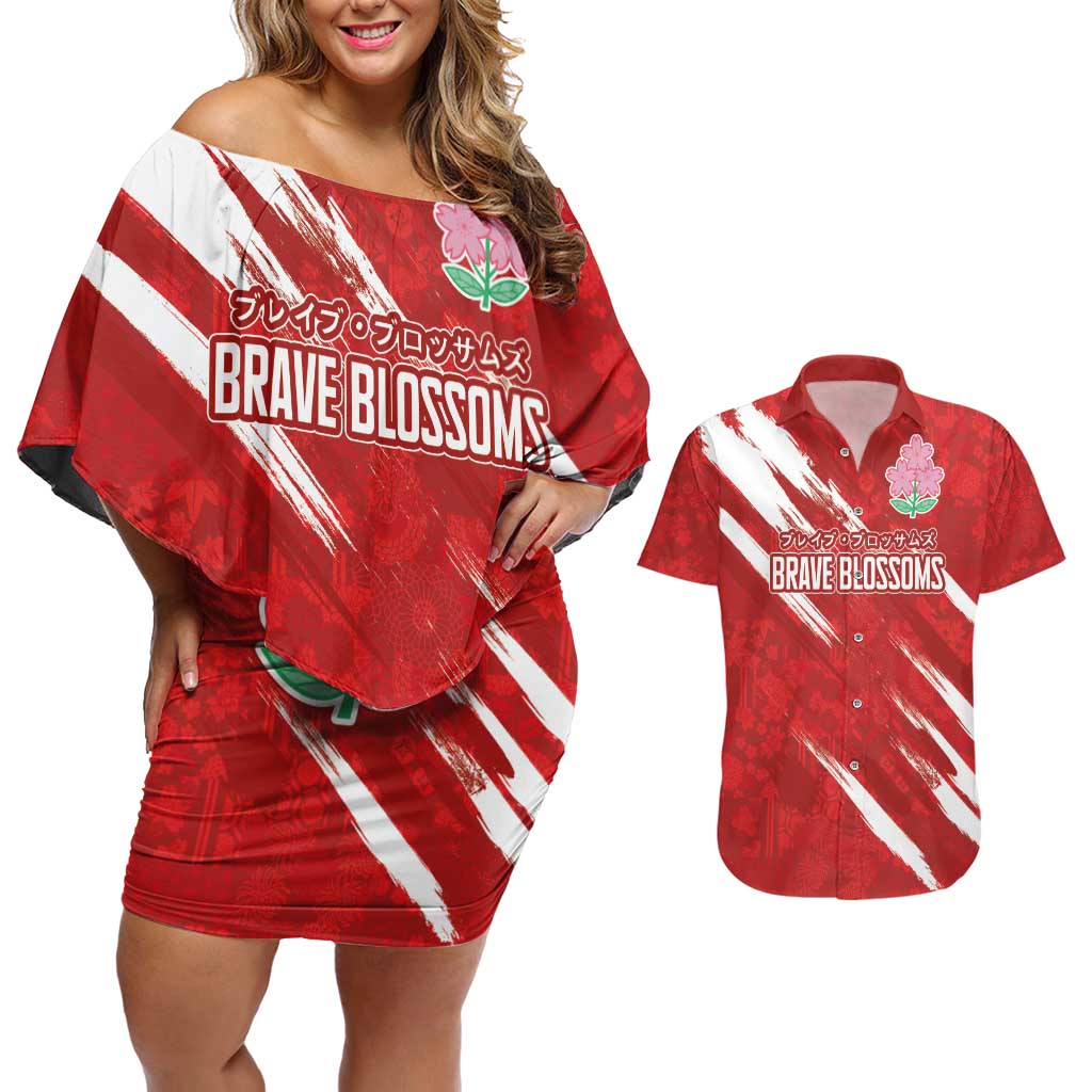 Custom Rugby Japan Couples Matching Off Shoulder Short Dress and Hawaiian Shirt The Champion Brave Blossoms Red Color - Wonder Print Shop