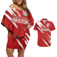 Custom Rugby Japan Couples Matching Off Shoulder Short Dress and Hawaiian Shirt The Champion Brave Blossoms Red Color - Wonder Print Shop