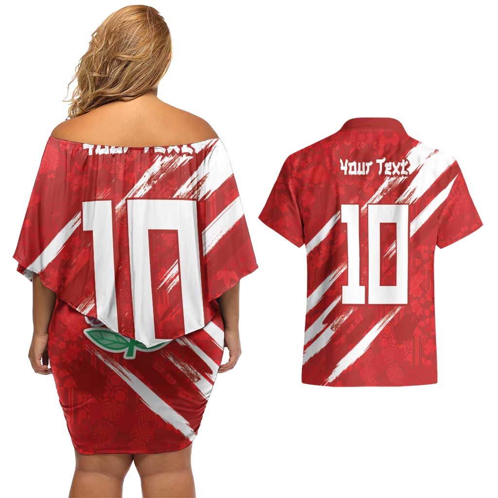 Custom Rugby Japan Couples Matching Off Shoulder Short Dress and Hawaiian Shirt The Champion Brave Blossoms Red Color - Wonder Print Shop