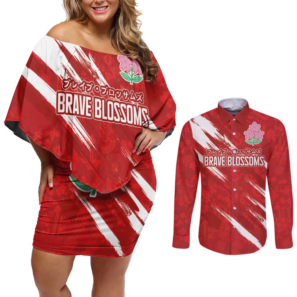 Custom Rugby Japan Couples Matching Off Shoulder Short Dress and Long Sleeve Button Shirt The Champion Brave Blossoms Red Color - Wonder Print Shop