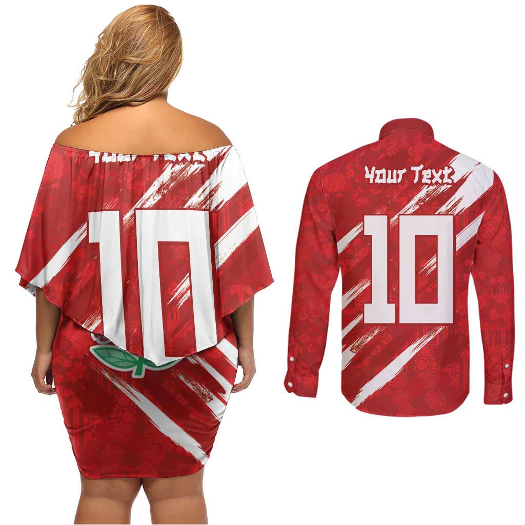 Custom Rugby Japan Couples Matching Off Shoulder Short Dress and Long Sleeve Button Shirt The Champion Brave Blossoms Red Color - Wonder Print Shop