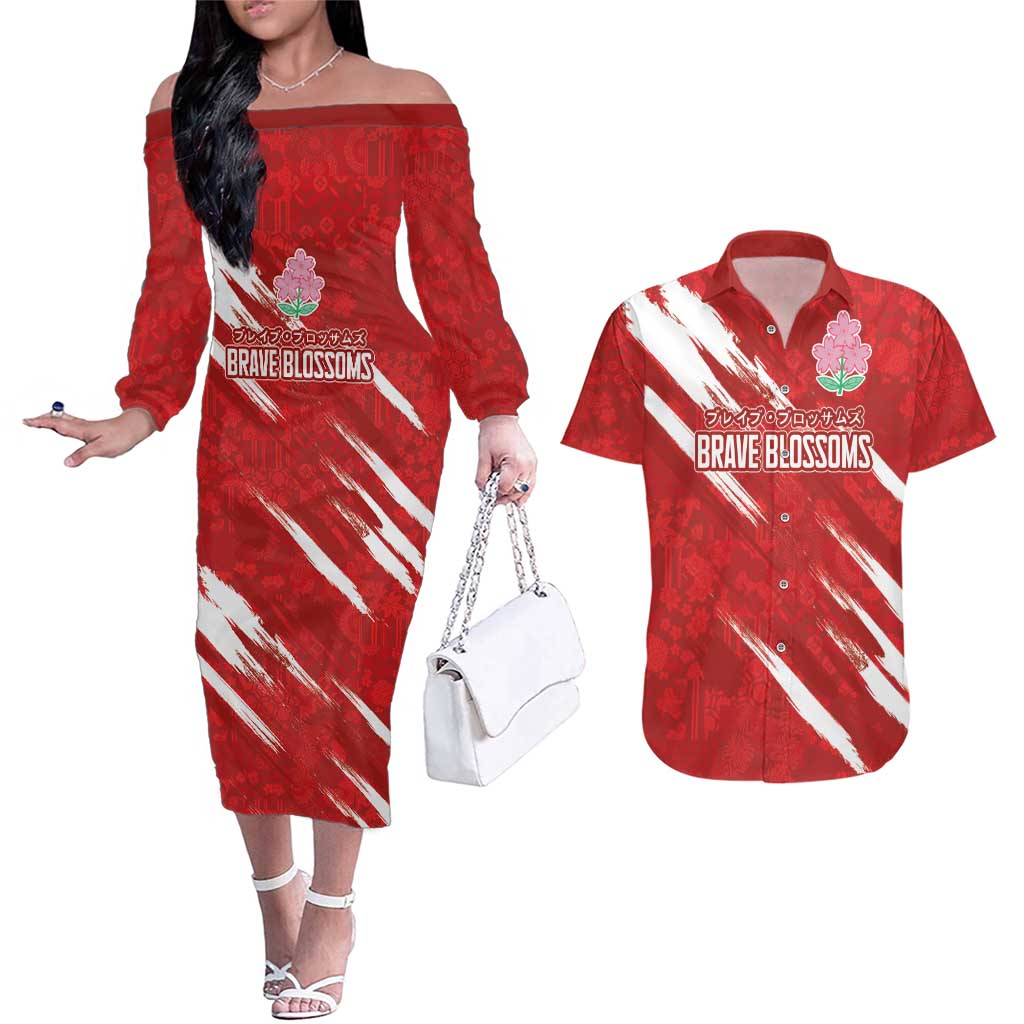 Custom Rugby Japan Couples Matching Off The Shoulder Long Sleeve Dress and Hawaiian Shirt The Champion Brave Blossoms Red Color - Wonder Print Shop
