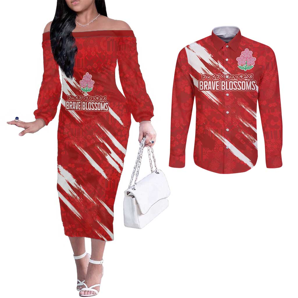 Custom Rugby Japan Couples Matching Off The Shoulder Long Sleeve Dress and Long Sleeve Button Shirt The Champion Brave Blossoms Red Color - Wonder Print Shop