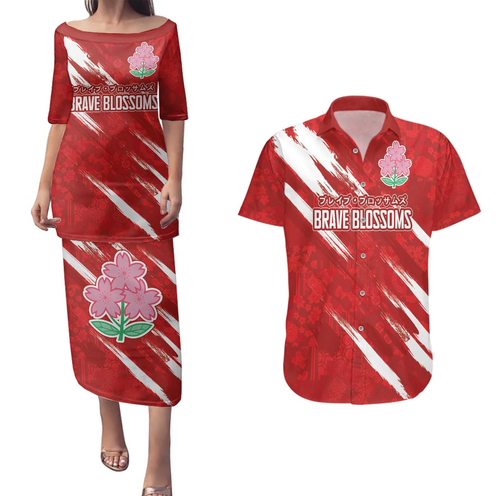 Custom Rugby Japan Couples Matching Puletasi and Hawaiian Shirt The Champion Brave Blossoms Red Color - Wonder Print Shop