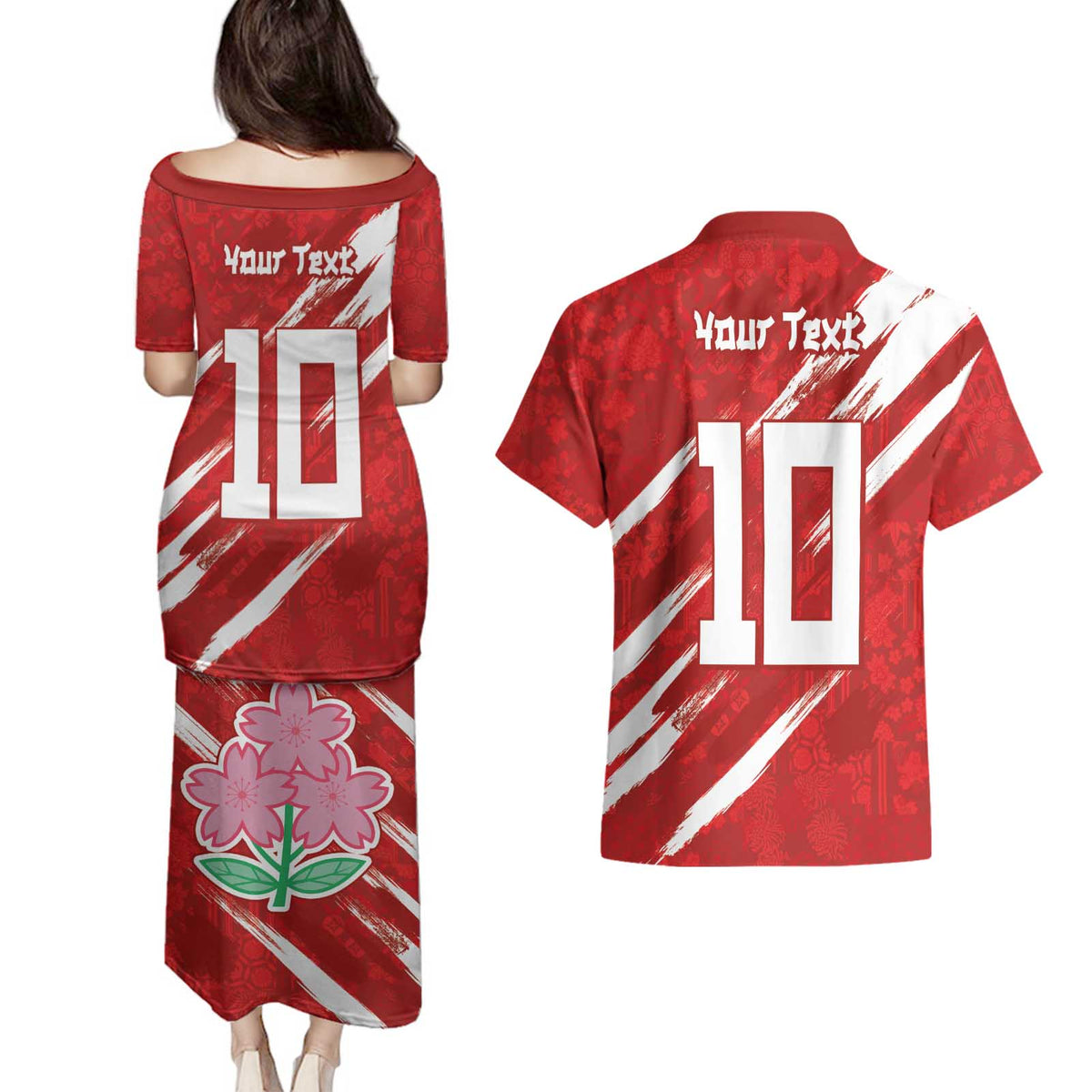 Custom Rugby Japan Couples Matching Puletasi and Hawaiian Shirt The Champion Brave Blossoms Red Color - Wonder Print Shop