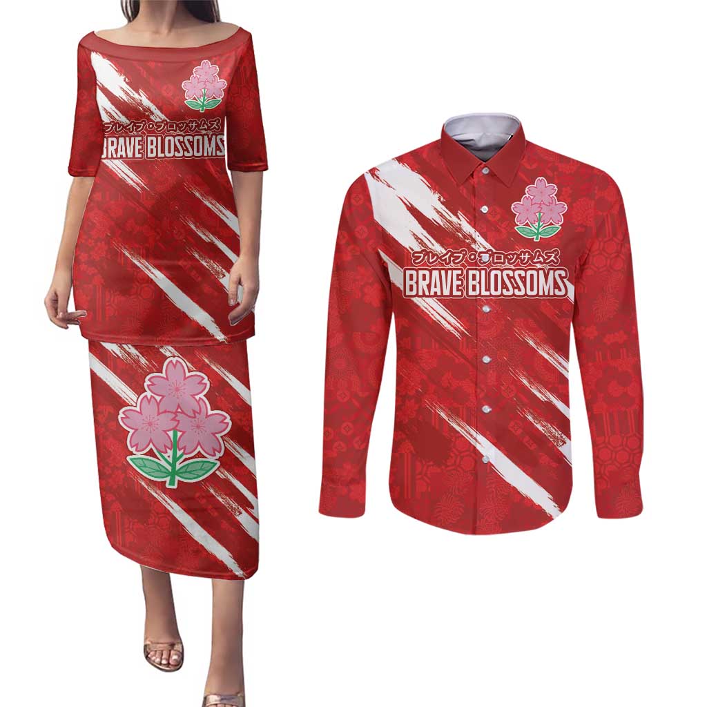 Custom Rugby Japan Couples Matching Puletasi and Long Sleeve Button Shirt The Champion Brave Blossoms Red Color - Wonder Print Shop