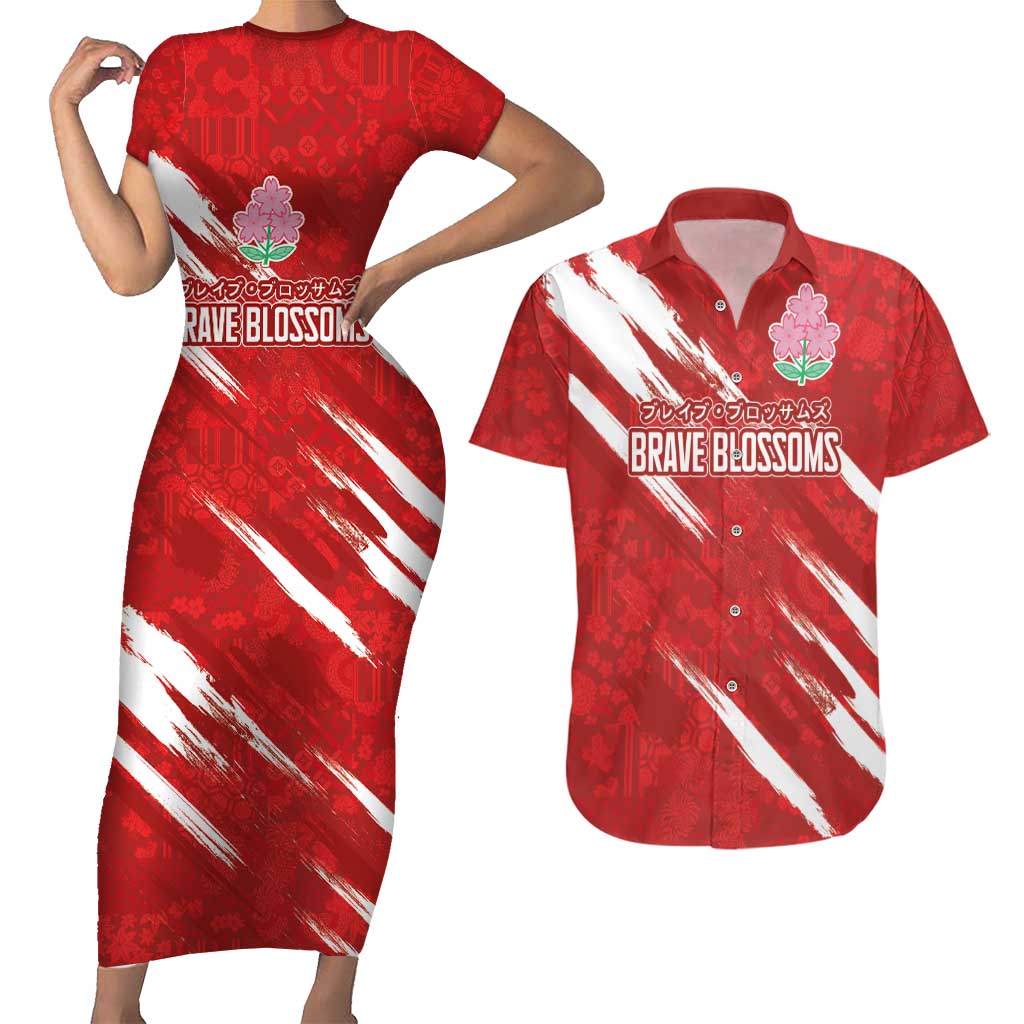 Custom Rugby Japan Couples Matching Short Sleeve Bodycon Dress and Hawaiian Shirt The Champion Brave Blossoms Red Color - Wonder Print Shop