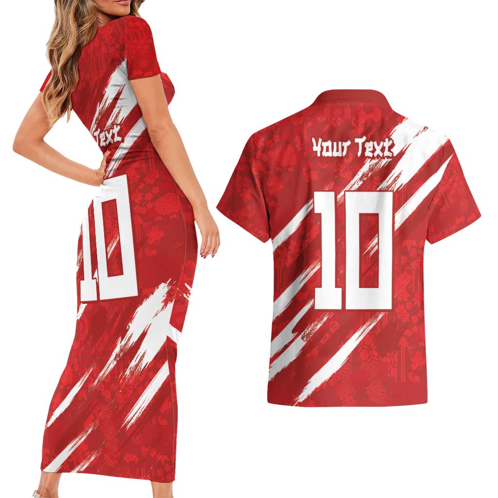 Custom Rugby Japan Couples Matching Short Sleeve Bodycon Dress and Hawaiian Shirt The Champion Brave Blossoms Red Color - Wonder Print Shop