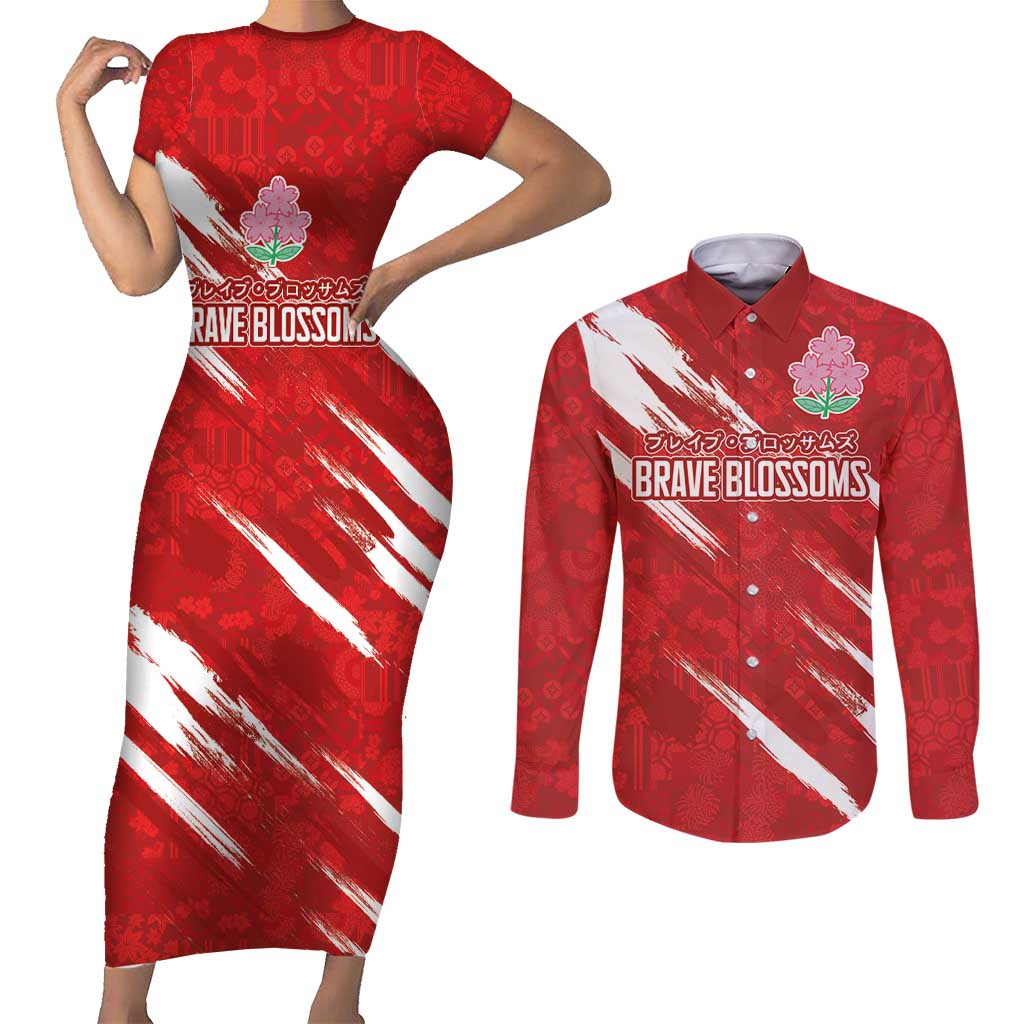 Custom Rugby Japan Couples Matching Short Sleeve Bodycon Dress and Long Sleeve Button Shirt The Champion Brave Blossoms Red Color - Wonder Print Shop