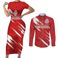 Custom Rugby Japan Couples Matching Short Sleeve Bodycon Dress and Long Sleeve Button Shirt The Champion Brave Blossoms Red Color - Wonder Print Shop