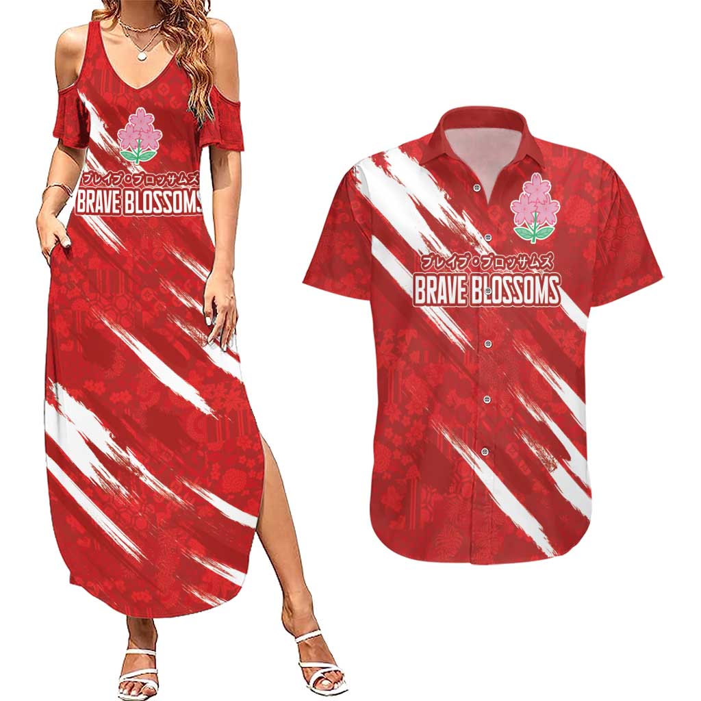 Custom Rugby Japan Couples Matching Summer Maxi Dress and Hawaiian Shirt The Champion Brave Blossoms Red Color - Wonder Print Shop