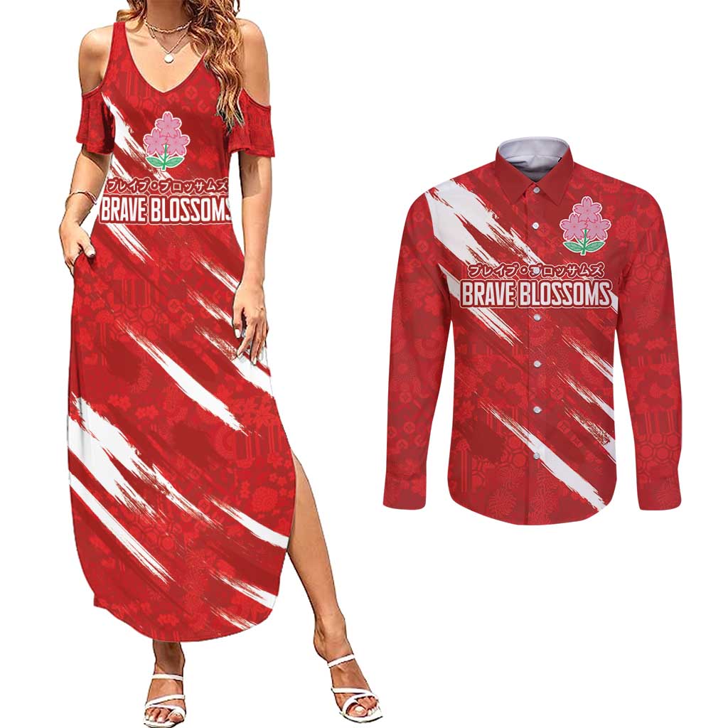 Custom Rugby Japan Couples Matching Summer Maxi Dress and Long Sleeve Button Shirt The Champion Brave Blossoms Red Color - Wonder Print Shop