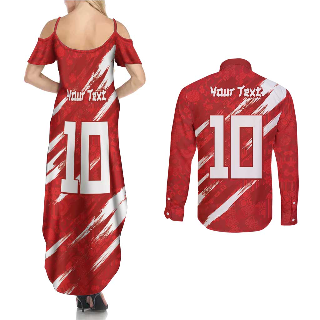 Custom Rugby Japan Couples Matching Summer Maxi Dress and Long Sleeve Button Shirt The Champion Brave Blossoms Red Color - Wonder Print Shop