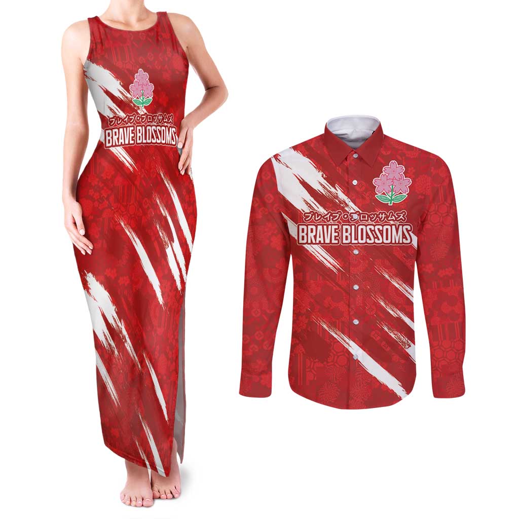 Custom Rugby Japan Couples Matching Tank Maxi Dress and Long Sleeve Button Shirt The Champion Brave Blossoms Red Color - Wonder Print Shop
