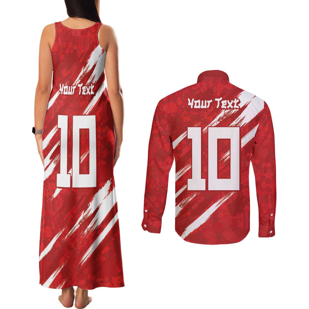Custom Rugby Japan Couples Matching Tank Maxi Dress and Long Sleeve Button Shirt The Champion Brave Blossoms Red Color - Wonder Print Shop