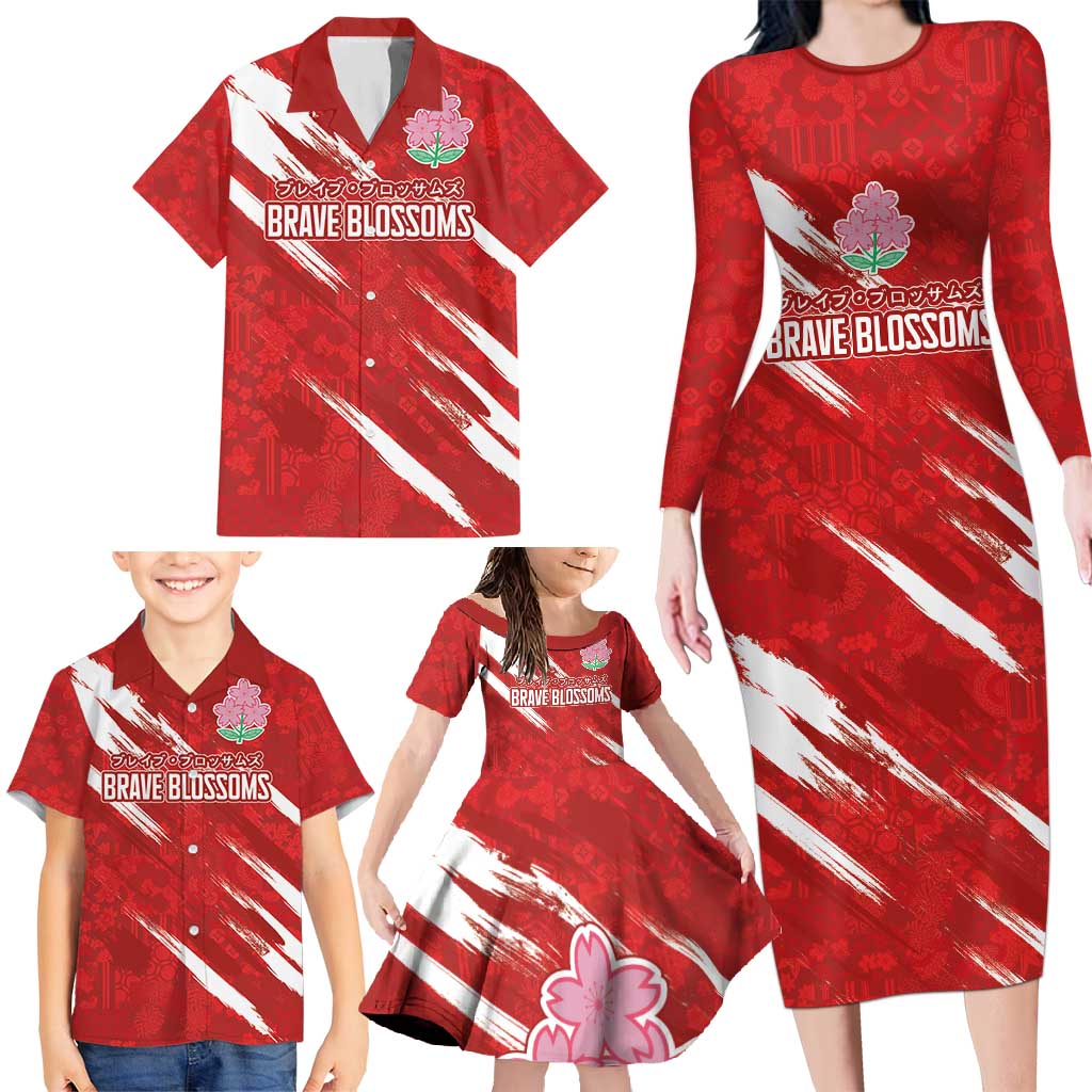 Custom Rugby Japan Family Matching Long Sleeve Bodycon Dress and Hawaiian Shirt The Champion Brave Blossoms Red Color - Wonder Print Shop