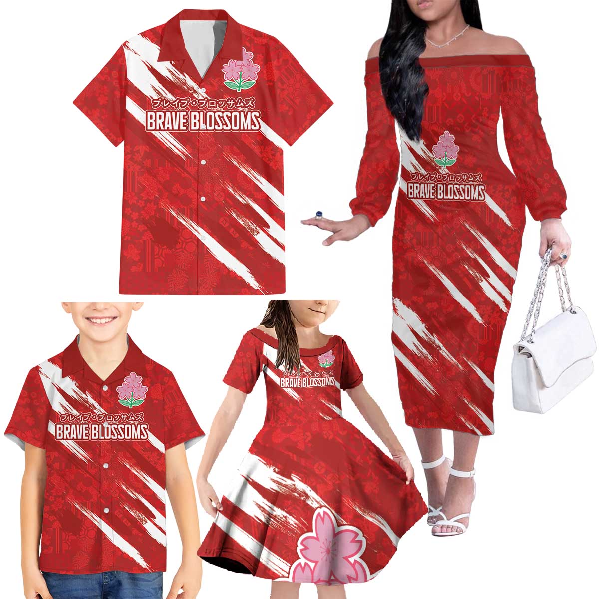 Custom Rugby Japan Family Matching Off The Shoulder Long Sleeve Dress and Hawaiian Shirt The Champion Brave Blossoms Red Color - Wonder Print Shop