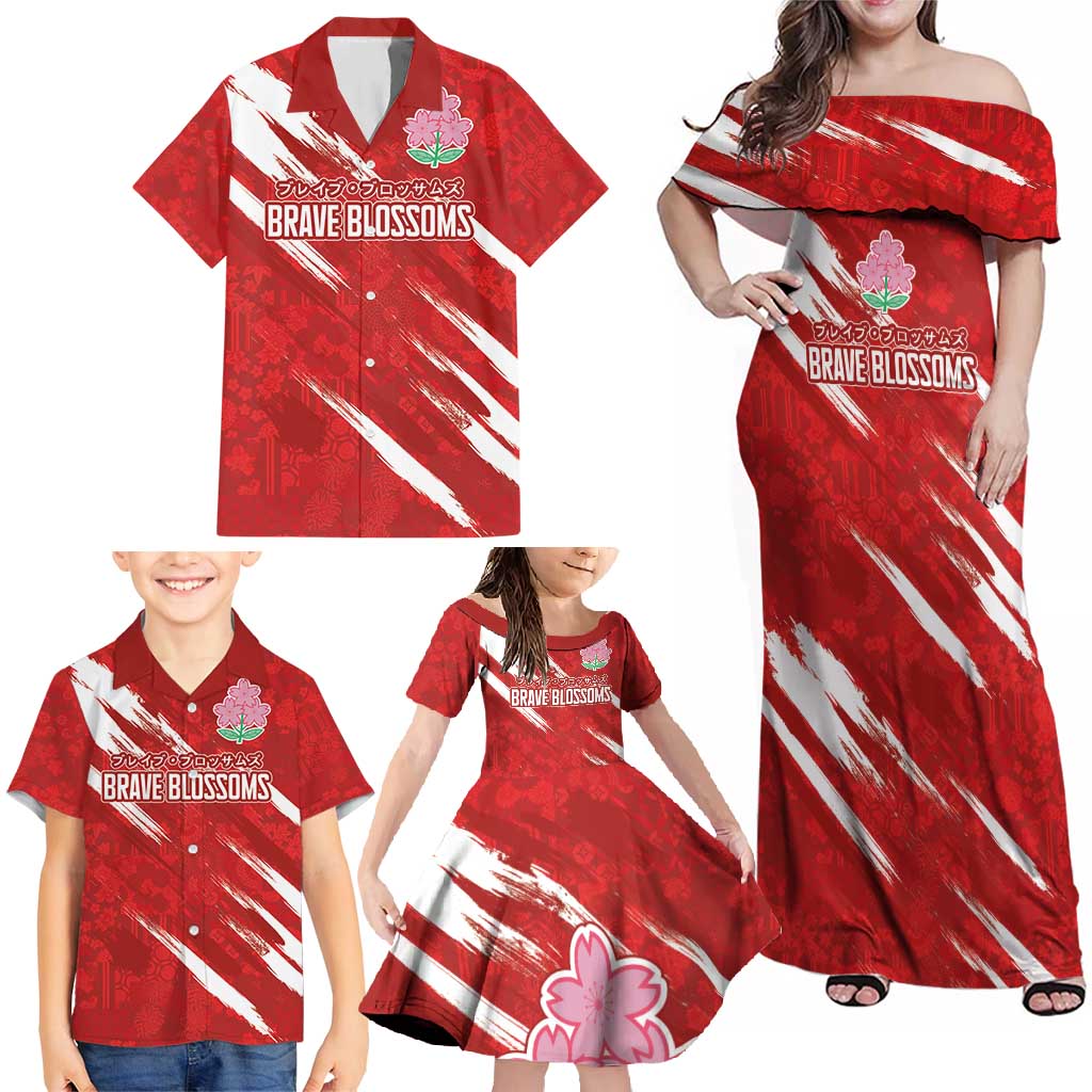 Custom Rugby Japan Family Matching Off Shoulder Maxi Dress and Hawaiian Shirt The Champion Brave Blossoms Red Color - Wonder Print Shop