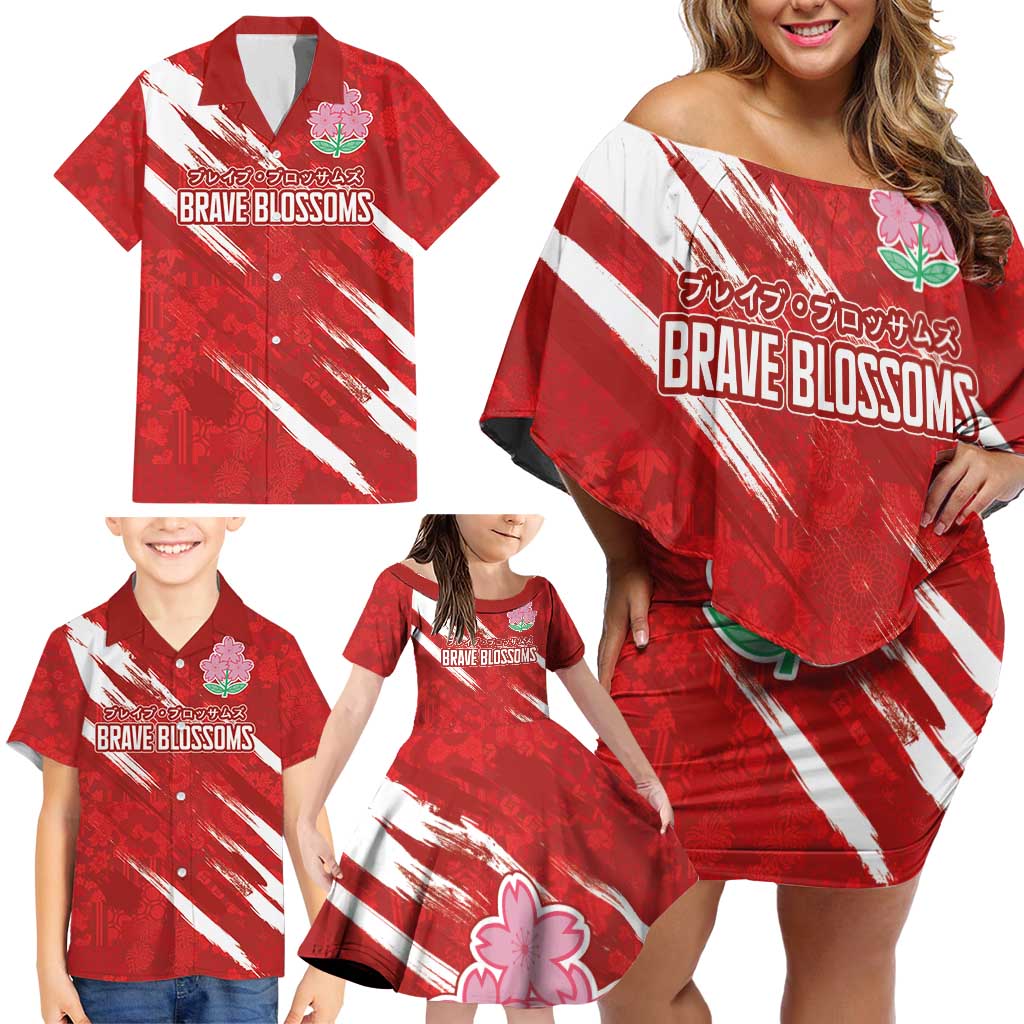 Custom Rugby Japan Family Matching Off Shoulder Short Dress and Hawaiian Shirt The Champion Brave Blossoms Red Color - Wonder Print Shop