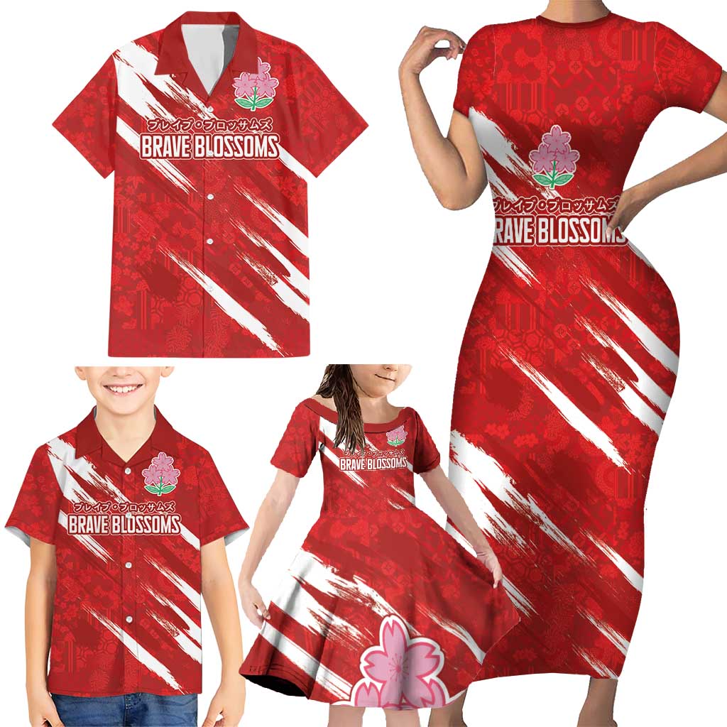 Custom Rugby Japan Family Matching Short Sleeve Bodycon Dress and Hawaiian Shirt The Champion Brave Blossoms Red Color - Wonder Print Shop