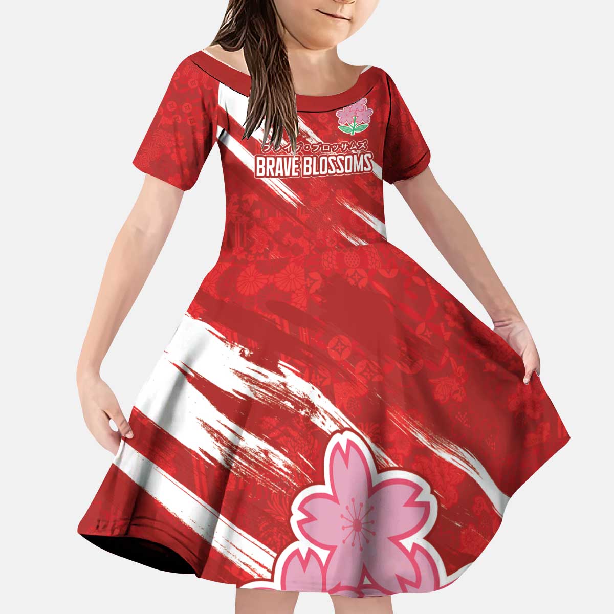 Custom Rugby Japan Kid Short Sleeve Dress The Champion Brave Blossoms Red Color - Wonder Print Shop