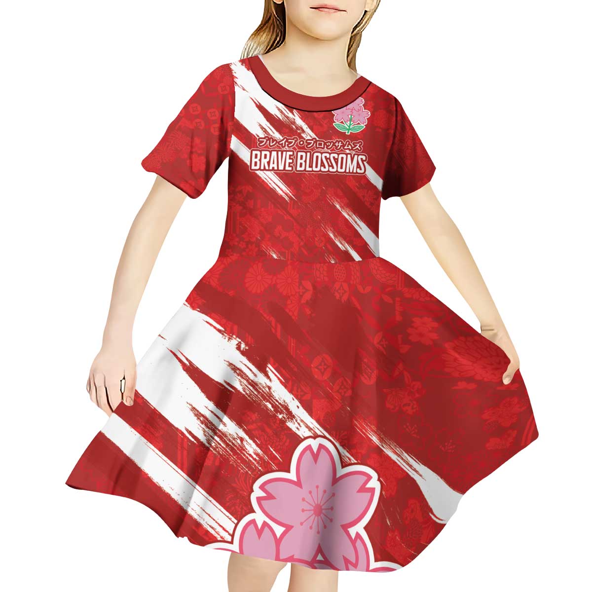 Custom Rugby Japan Kid Short Sleeve Dress The Champion Brave Blossoms Red Color - Wonder Print Shop
