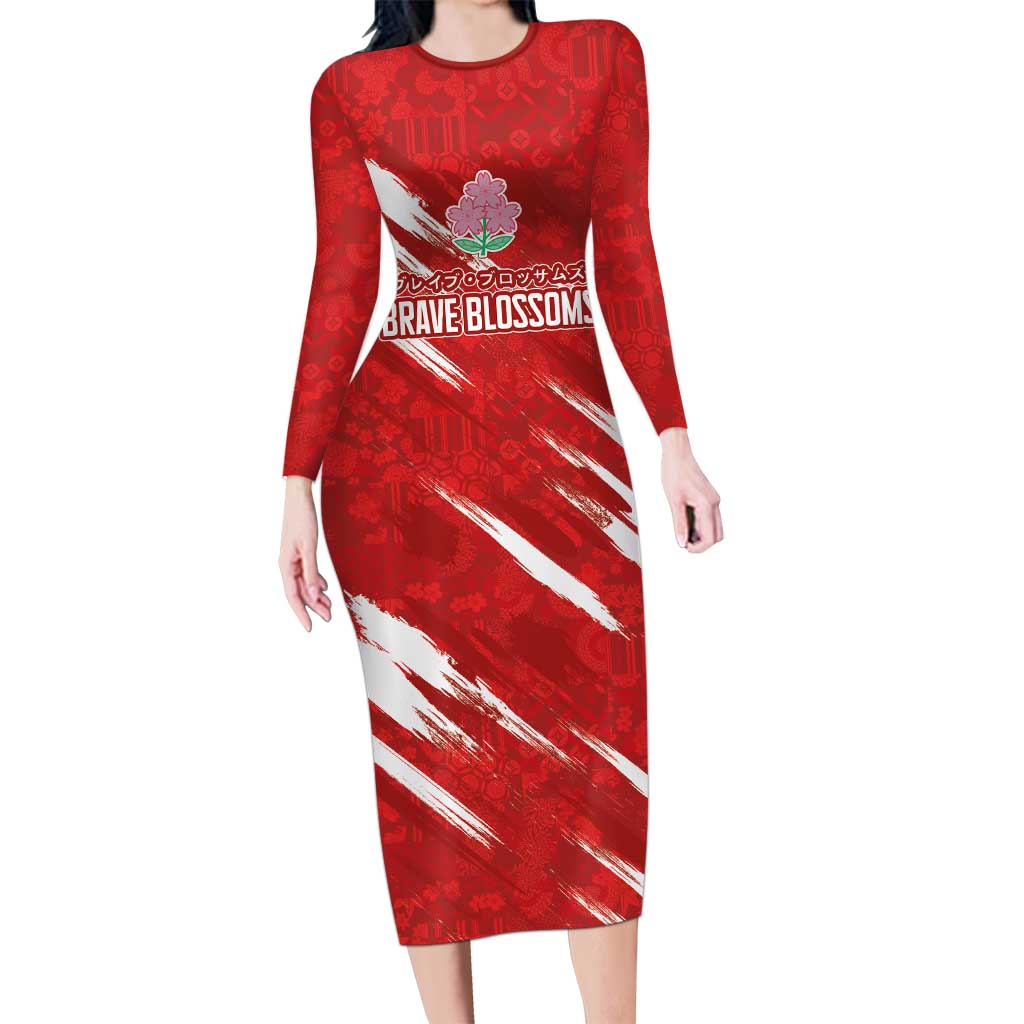 Custom Rugby Japan Long Sleeve Bodycon Dress The Champion Brave Blossoms Red Color - Wonder Print Shop