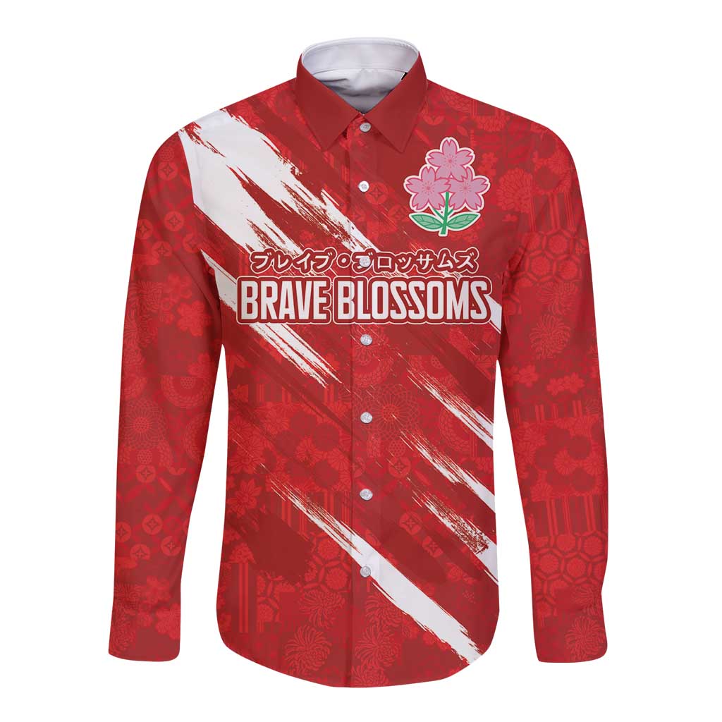 Custom Rugby Japan Long Sleeve Button Shirt The Champion Brave Blossoms Red Color - Wonder Print Shop
