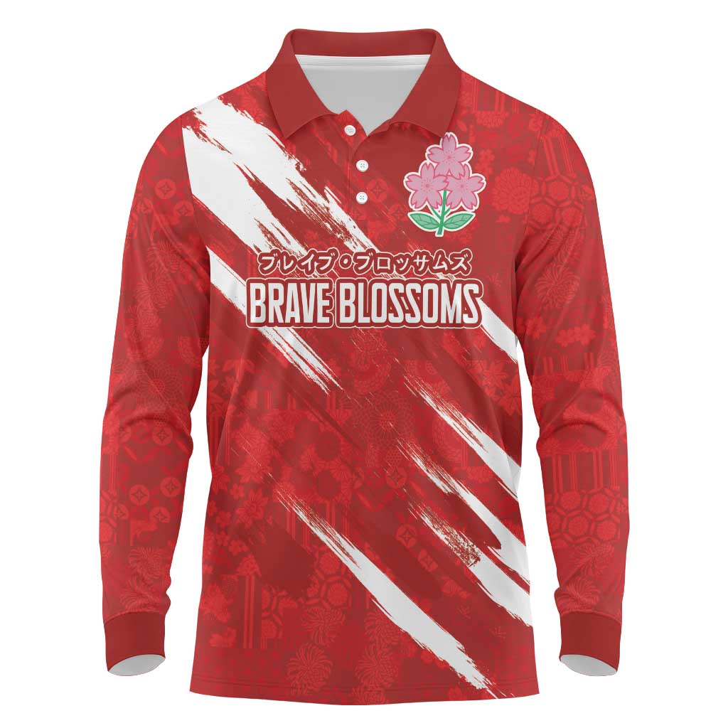 Custom Rugby Japan Long Sleeve Polo Shirt The Champion Brave Blossoms Red Color - Wonder Print Shop