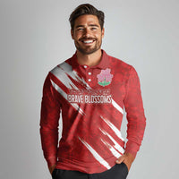 Custom Rugby Japan Long Sleeve Polo Shirt The Champion Brave Blossoms Red Color - Wonder Print Shop