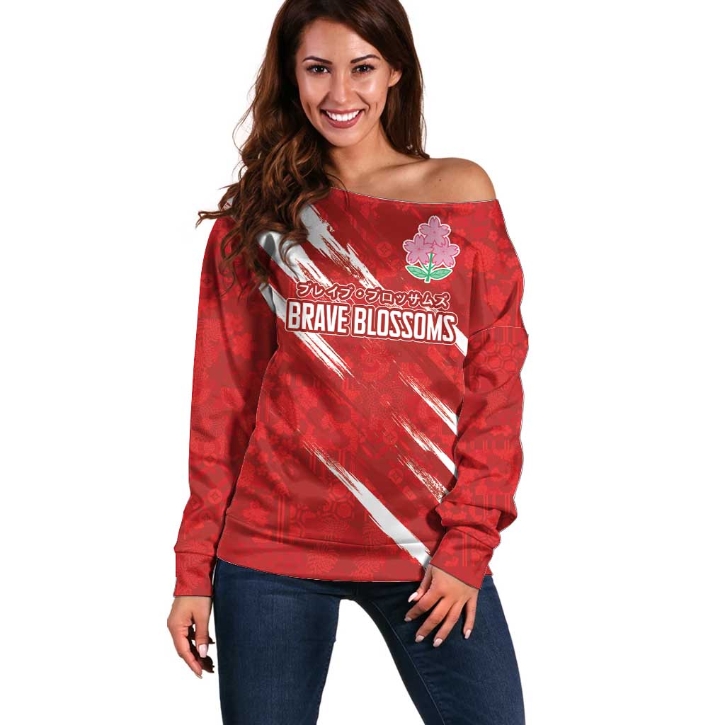 Custom Rugby Japan Off Shoulder Sweater The Champion Brave Blossoms Red Color - Wonder Print Shop