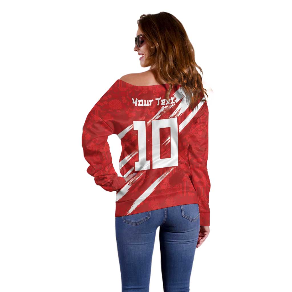 Custom Rugby Japan Off Shoulder Sweater The Champion Brave Blossoms Red Color - Wonder Print Shop