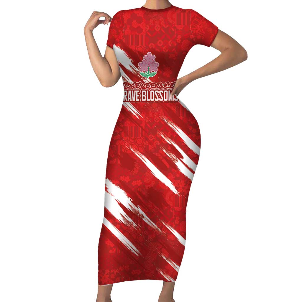 Custom Rugby Japan Short Sleeve Bodycon Dress The Champion Brave Blossoms Red Color - Wonder Print Shop