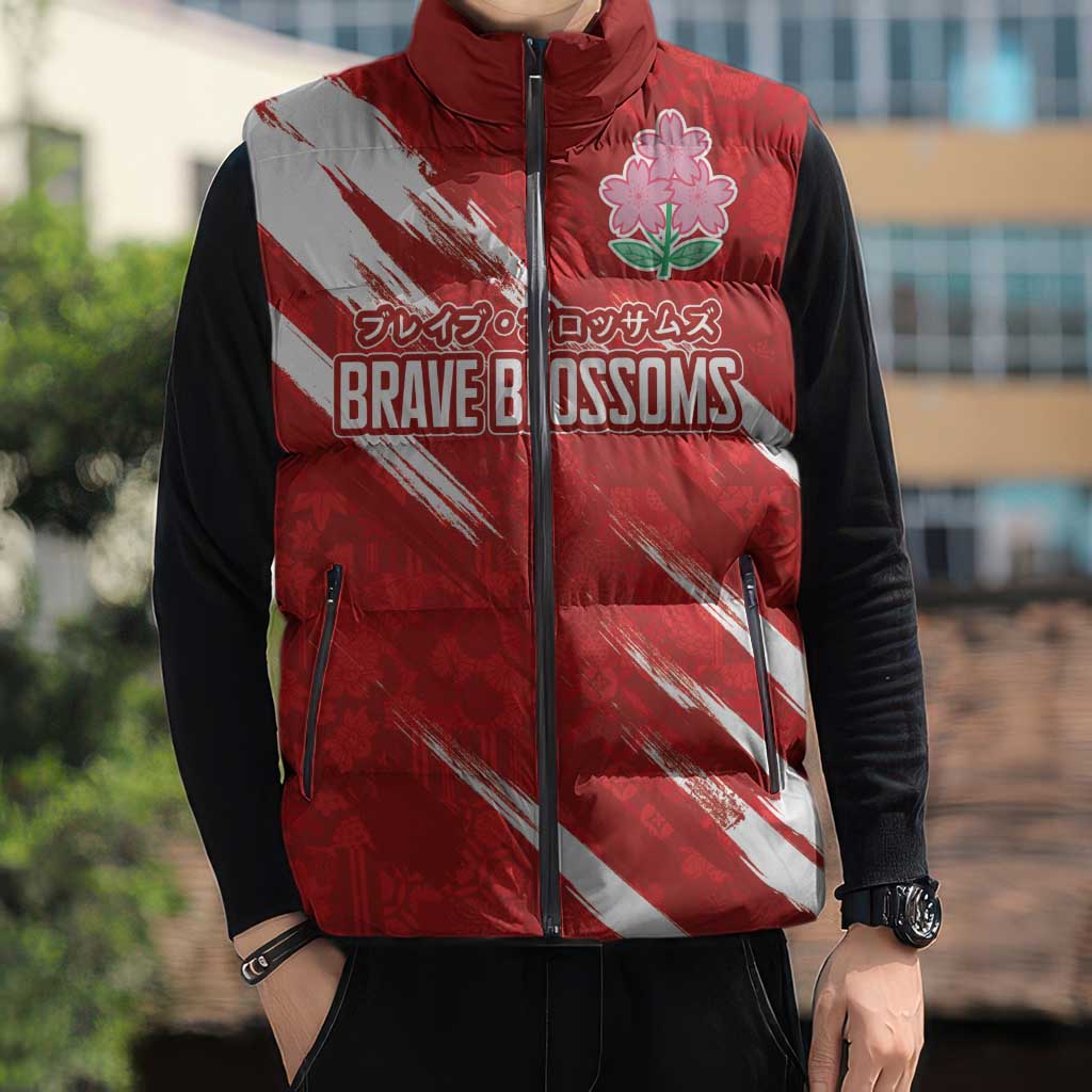 Custom Rugby Japan Sleeveless Puffer Jacket The Champion Brave Blossoms Red Color - Wonder Print Shop