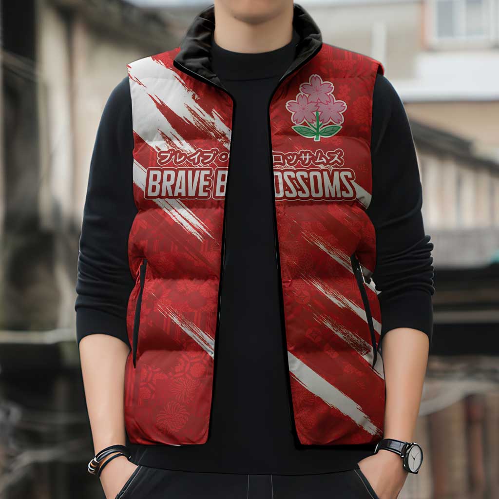Custom Rugby Japan Sleeveless Puffer Jacket The Champion Brave Blossoms Red Color - Wonder Print Shop