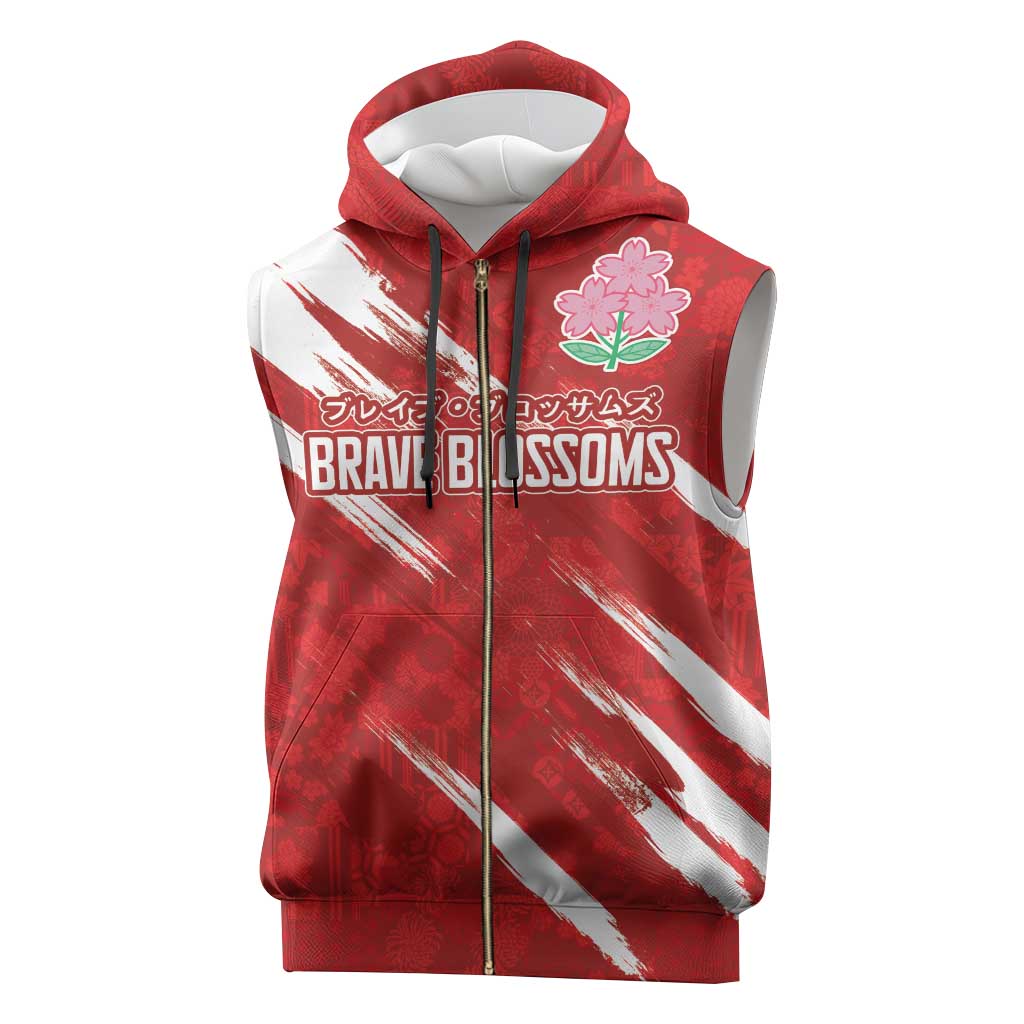 Custom Rugby Japan Sleeveless Zip Hoodie The Champion Brave Blossoms Red Color - Wonder Print Shop