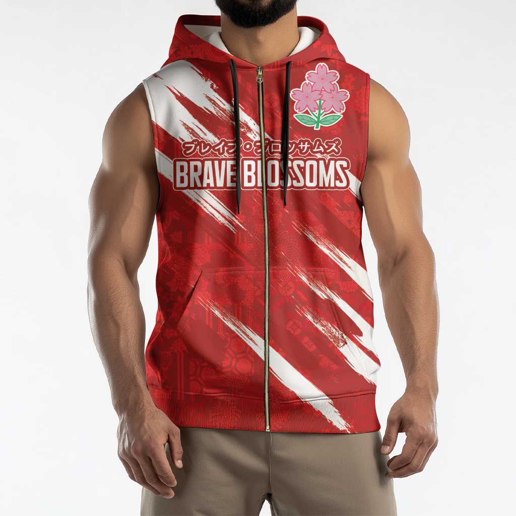 Custom Rugby Japan Sleeveless Zip Hoodie The Champion Brave Blossoms Red Color - Wonder Print Shop
