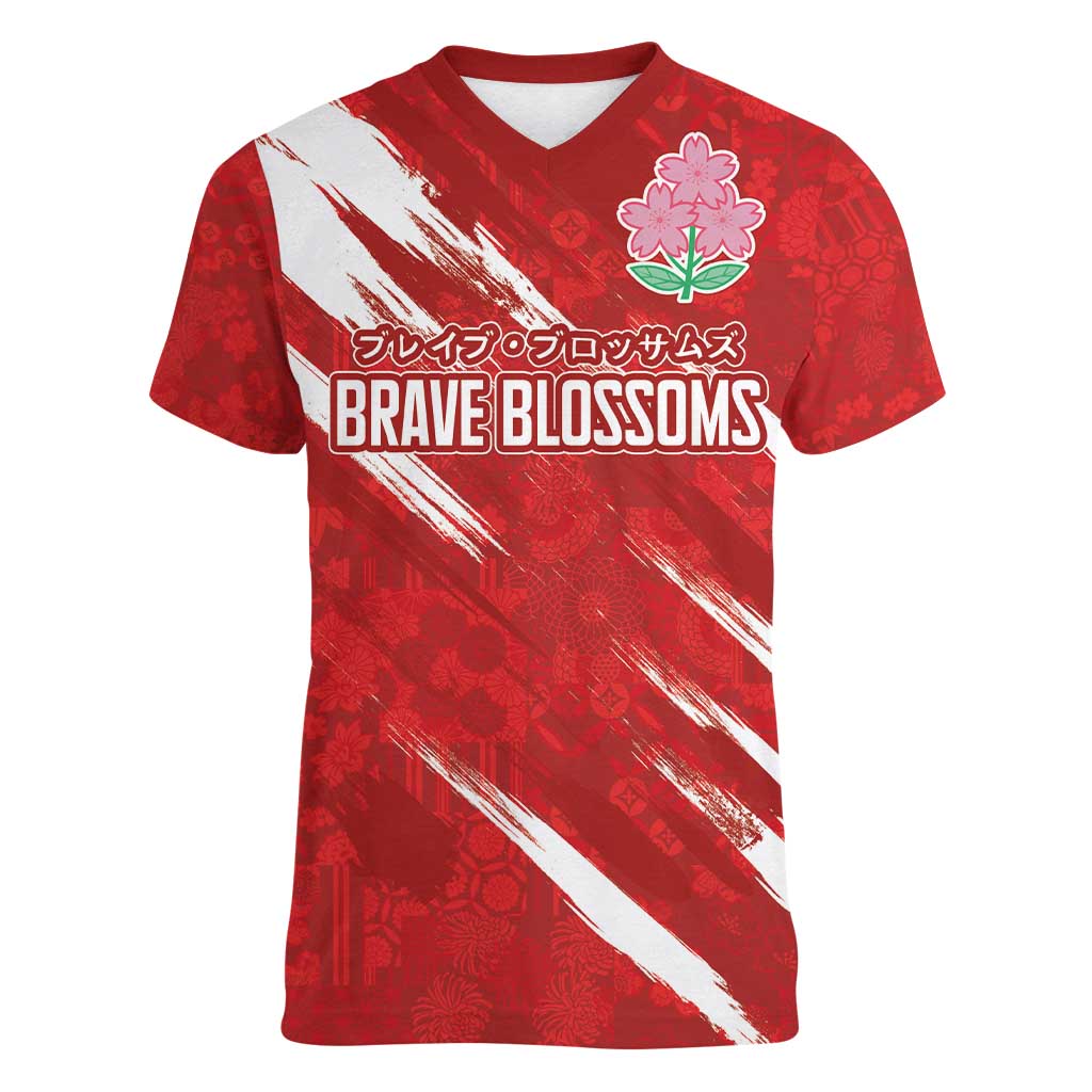 Custom Rugby Japan Women V-Neck T-Shirt The Champion Brave Blossoms Red Color - Wonder Print Shop
