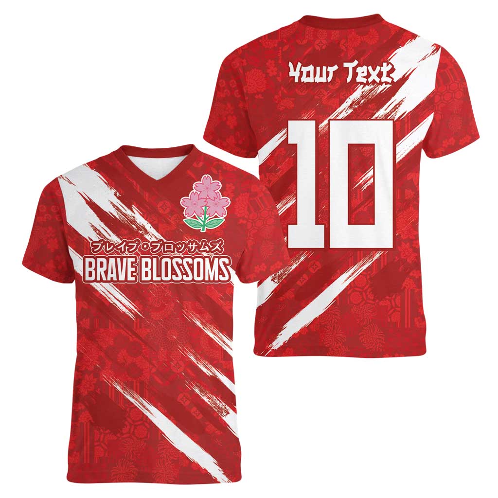 Custom Rugby Japan Women V-Neck T-Shirt The Champion Brave Blossoms Red Color - Wonder Print Shop