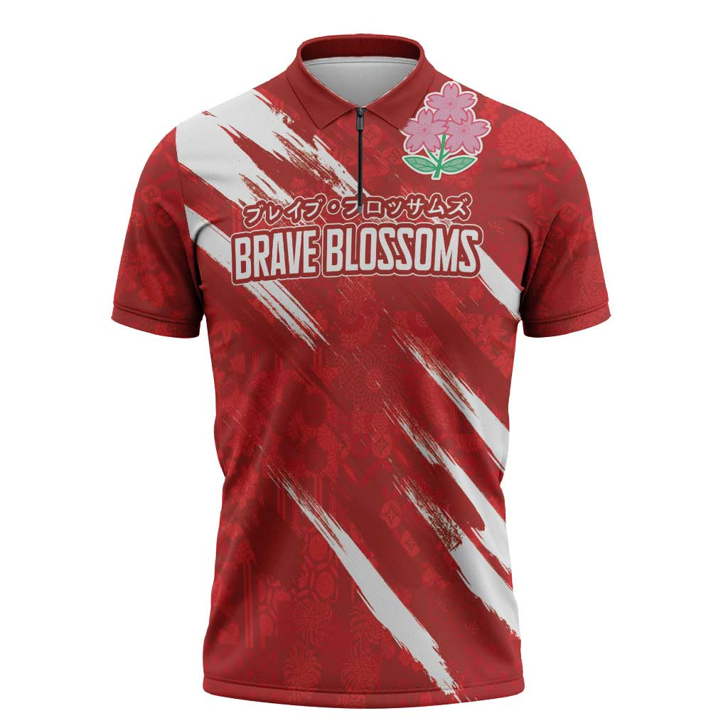 Custom Rugby Japan Zipper Polo Shirt The Champion Brave Blossoms Red Color - Wonder Print Shop