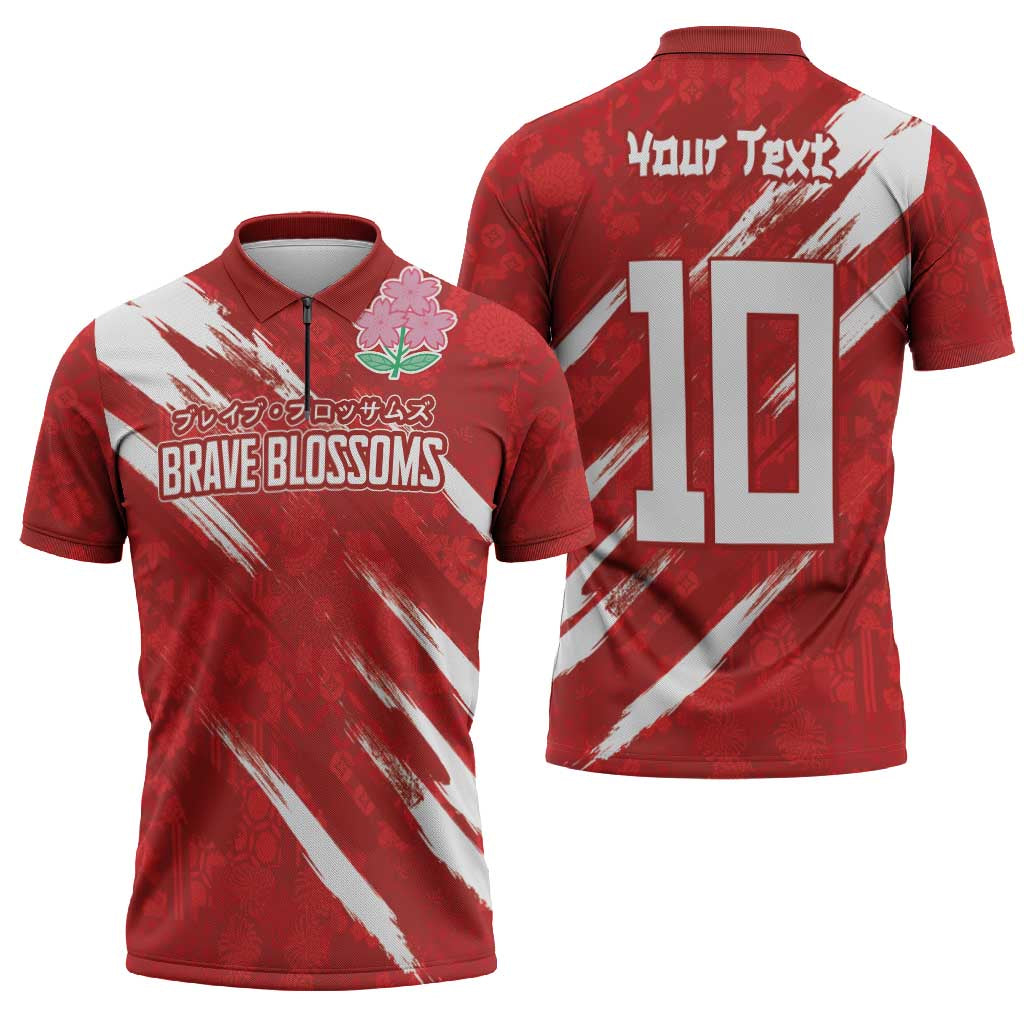Custom Rugby Japan Zipper Polo Shirt The Champion Brave Blossoms Red Color - Wonder Print Shop
