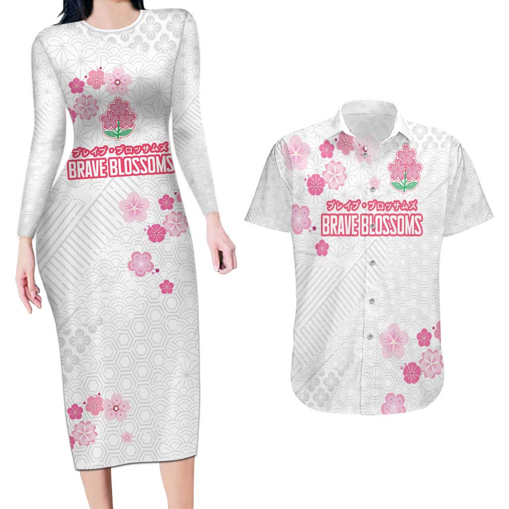 Custom Rugby Japan Couples Matching Long Sleeve Bodycon Dress and Hawaiian Shirt The Champion Brave Blossoms White Color - Wonder Print Shop
